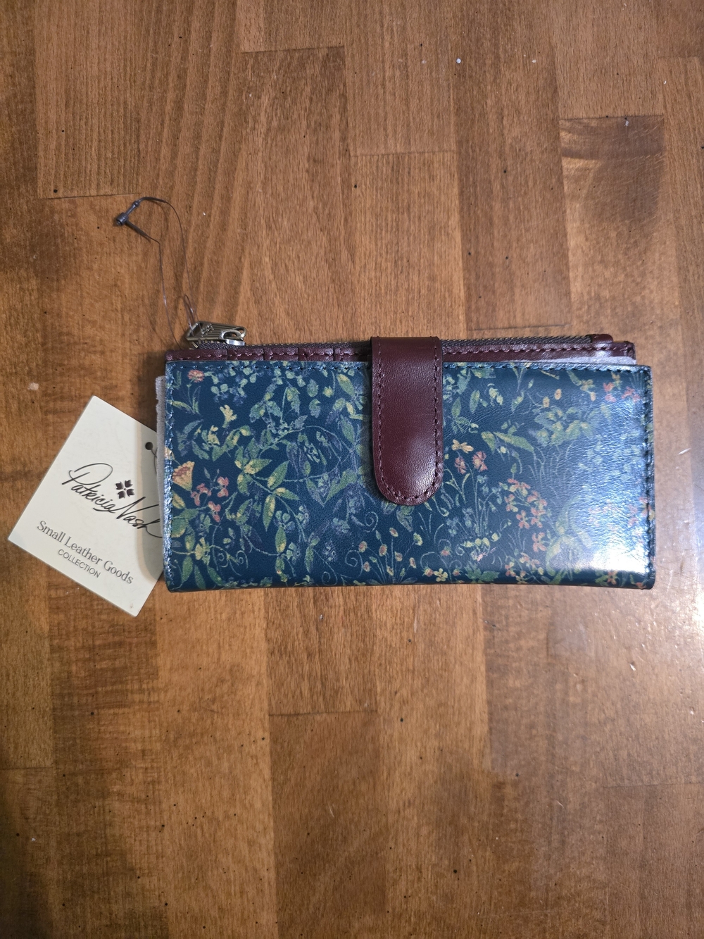 Patricia Nash Blue Floral Wallet with Brown Trim